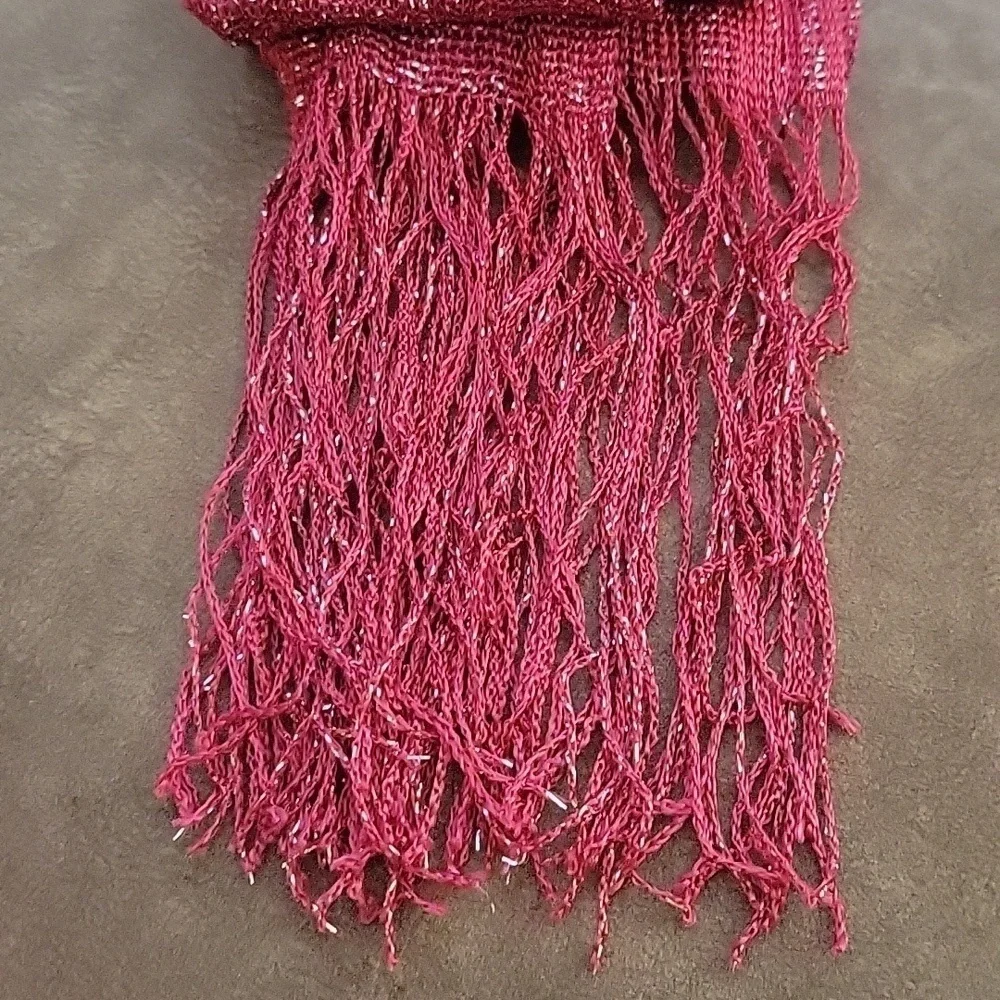 3/$30 VTG Fuscia Metallic Silver Long Skinny Fringe Disco Sash Scarf